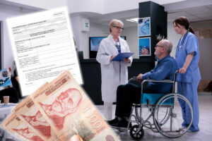 RetiredPersonUsingWheelchairTalkingWithSeniorDoctorForAppointment