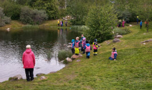 Trondheimnorway-june52015ChildrenInKindergartenPlayingByALake