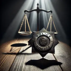 DALL?E-2025-03-09-19.21.20-A-symbolic-image-representing-police-integrity-and-ethical-duty-a-police-badge-placed-on-a-wooden-table,-illuminated-by-a-beam-of-light,-with-a-shado