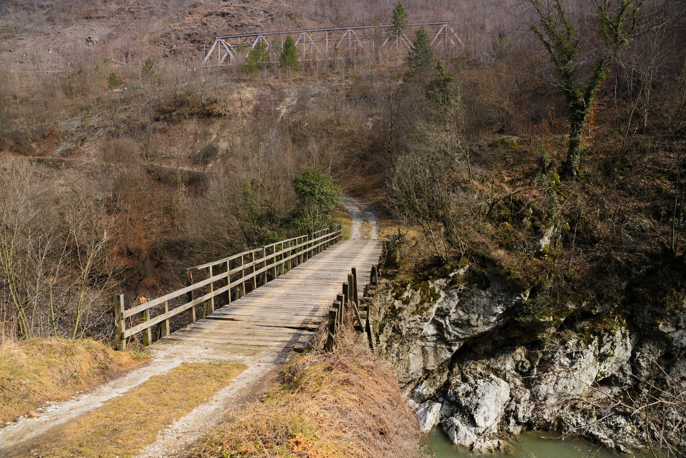 Bridge in rocky mountains above river, Lim river shore, Montenegro/Serbian boundary.